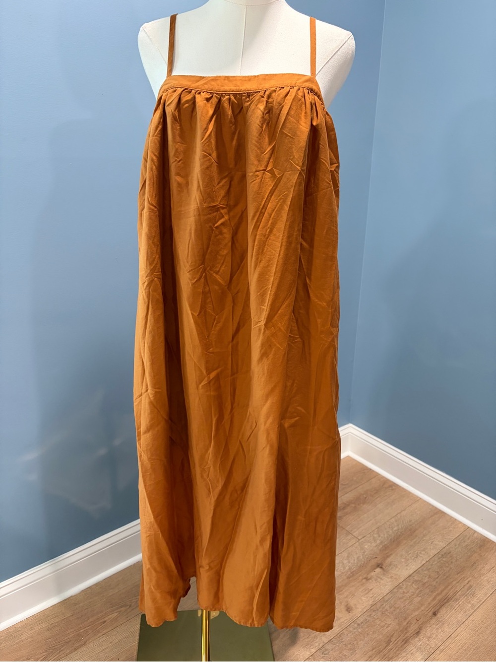 A New Day Camel Brown Swing Midi Dress Pockets Adjustable Straps Size Small